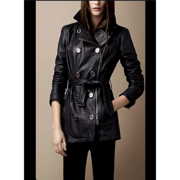 Burberry Brit Dark Blue Distressed Leather Belted Trench Coat Jacket US 6 UK 8 - Picture 16 of 16